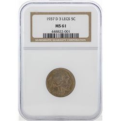 1937  D Buffalo Nickel 3 legs NGC MS61