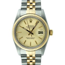 Rolex Mens Two Tone Gold Champagne Index and Fluted Bezel Datejust Wristwatch