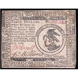 February 2, 1776 $3 Spanish Milled Dollar Colonial Continental Currency