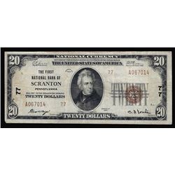 1929 $20 The First National Bank of Scranton PA National Currency Note