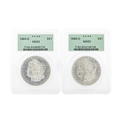 Set of 1884-O and 1885-O $1 Morgan Silver Dollar Coins PCGS MS63
