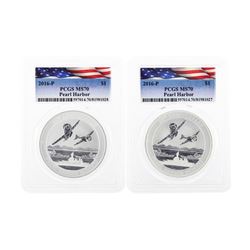 Set of (2) 2016-P $1 Pearl Harbor Silver Coins PCGS MS70