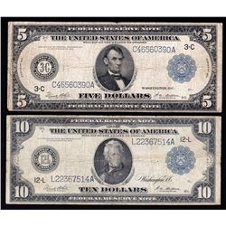Set of 1914 $5 & $10 Large Size Federal Reserve Notes