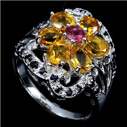 Natural Rhodolite Citrine & Sapphire Ring