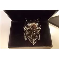 RING - MAN'S STAINLESS STEEL SKULL BIKER RING WITH GARNET EYES - HIGH POLISH FINISH - INCLUDES CERTI