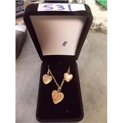 NECKLACE & EARRING SET - LINK CHAIN HEARTS - BROWN JASPER GEM STONES - DANGEL EARRINGS AND 16" CHAIN