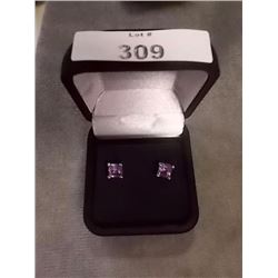 EARRINGS - NEW PRINCESS FACETED AMETHYST STUD EARRINGS - STERLING SILVER SETTING - RETAIL ESTIMATE -