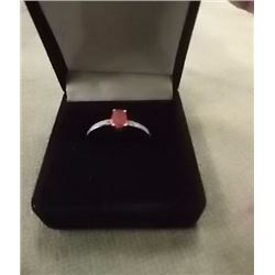 RING - SOLITARE OVAL FACETTED RUBY WITH 2 SHOULDER DIAMONDS IN STERLING SILVER SETTING - RETAIL ESTI