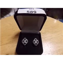NEW EARRINGS - BLUE SAPPHIRE AND DIAMONDS IN STERLING SILVER SETTING - OMEGA BACKS - APPROX. RETAIL 