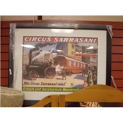 FRAMED GERMAN PRINT - CIRCUS SARRASAM - TRAIN & BURLAP