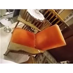 ANTIQUE OAK UPHOLSTERED MORRIS CHAIR ON CASTERS