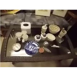 TABLE LOT OF COLLECTABLES AND OTHER - SOAP STONE, CUPS, BOWLS AND MORE