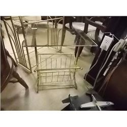 BRASS AND GLASS END TABLE WITH MAGAZINE RACK