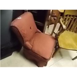VINTAGE RED UPHOLSTERED SLIPPER CHAIR - WITH UPHOLSTERED SKIRT
