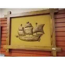 CARVED WOOD PICTURE OF SHIP