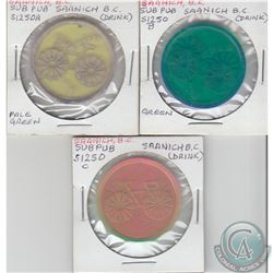 3x Canada Saanich, British Columbia Sub Pub Drink Tokens. This lot includes: Pale Green (S1250A), Gr