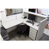 Image 1 : Modular Workstation w/2-Piece Desk, Office Chair, Drawers & 2-Wall Cubicle Enclosure