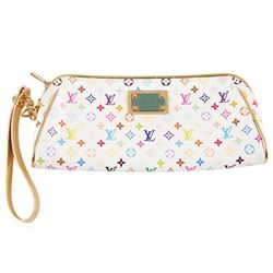 Louis Vuitton White Leather Multi-Color Monogram Zippered Clutch