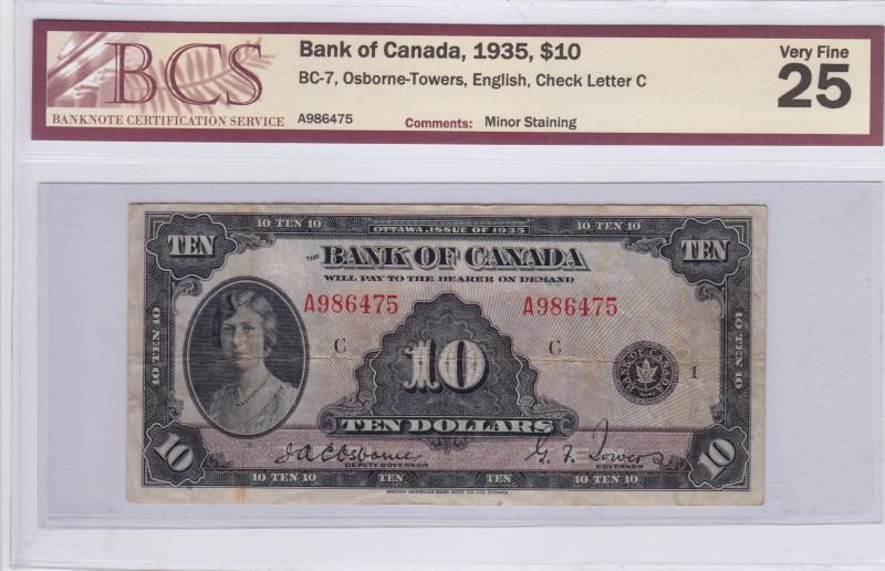 1935 Bank of Canada BCS Graded $10 Bank Note - VF-25