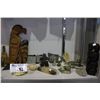 Image 1 : SHELF LOT OF ASSORTED NATIVE ARTWORK INC. SOAP STONE CARVINGS, SHELLS, WOOD PANELS AND MORE