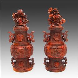 A Pair Huge Chinese Ming Dynasty Ox Horn Double Dragons Peony Big Vases