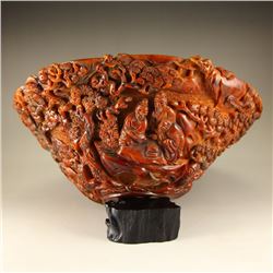 Superb Chinese Ming Dynasty Ox Horn Big Bowl w Sages Meeting