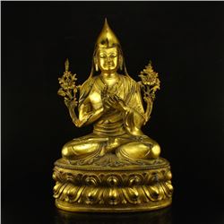 Chinese Tibet Buddhist Gilt Gold Bronze Tsongkhapa Statue
