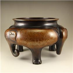 Vintage Chinese Red Copper Inlay Silver Wire Elephant Head 3 Leg Incense Burner