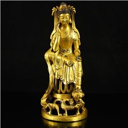 Chinese Liao Dynasty Gilt Gold Bronze Kwan-yin Statue
