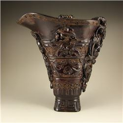 Chinese Qing Dy Ox Horn Chi Dragon Sacrificed Cup Statue