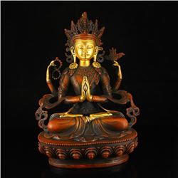 Chinese Ming Dynasty Tibet Gilt Gold Red Copper Four Arms Kwan-yin Statue