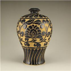 Chinese Black Glaze Jian Kiln Carved Flower Porcelain Vase