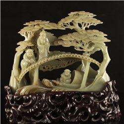 Vintage Chinese Qing Dynasty Hetian Jade Statue - Birdge Figures Tree and Boat