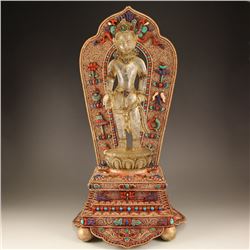 19Th C Chinese Tibet White Crystal Drolma Statue W Silver Inlay Gems Stand