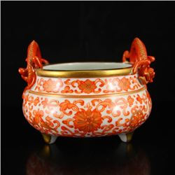 Chinese Gilt Gold Iron Red Glaze Double Dragons Porcelain Incense Burner w Yong Zheng Mark