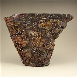 Chinese Qing Dynasty Ox Horn Sacrificed Cup w Village Scene