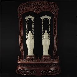 A Pair Superb Chinese Qing Dynasty Natural Hetian Jade Low Relief Braced Chain Vases