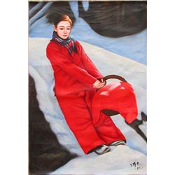 A LARGE OIL PAINTING DEPICTING 'CHINESE BRIDE WEARING RED COTTON IN