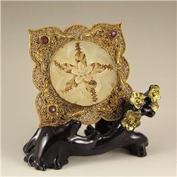 Vintage Hetian Jade Inlay Gold Wire & Gem Pendant