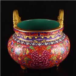 Superb Hand-painted Chinese Gilt Gold Double Ears Famille Rose Porcelain Incense Burner