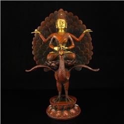 Chinese Ming Dynasty Gilt Gold Red Copper Peacock Buddha Statue