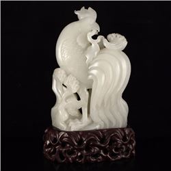 Chinese Qing Dynasty White Hetian Jade Rooster Statue