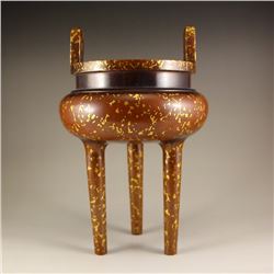 Chinese Ming Dynasty Gilt Gold Red Copper Double Ears 3 Legs Incense Burner w Xuande Mark
