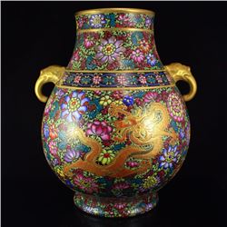 Superb Hand-painted Chinese Gilt Gold Double Ears Famille Rose Porcelain Pot w Qianlong Mark