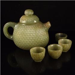 A Set Chinese Qing Dynasty Hetian Jade Teapot & Cups