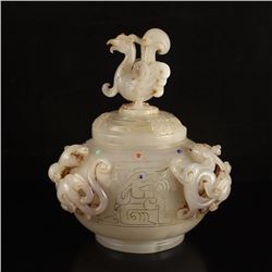 Chinese Han Dynasty Hetian Jade Inlay Silver Wire & Gem Burner