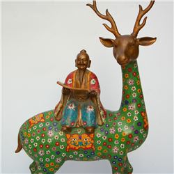 Chinese Gilt Gold Bronze Cloisonne Statue - Long Life Old Man & Deer