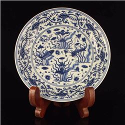 Vintage Chinese Ming Dynasty Blue And White Porcelain Plate