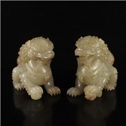 A Pair Chinese Qing Dynasty Hetian Jade Lions Statue