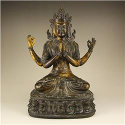 Vintage Chinese Tibet Gilt Gold Bronze Four Arm Kwan-yin Statue